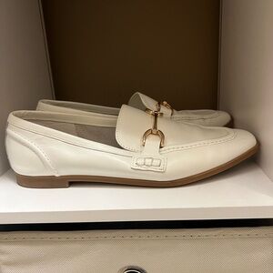 Madden Girl Cream Loafers with Gold Buckle